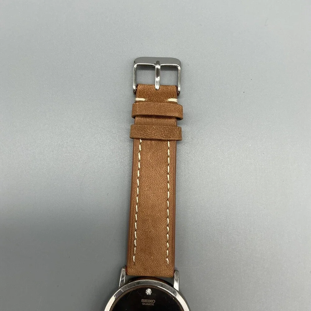 Vintage Seiko 7N00-8A49 Mens Watch 34mm Black Dial Diamond Leather New Battery